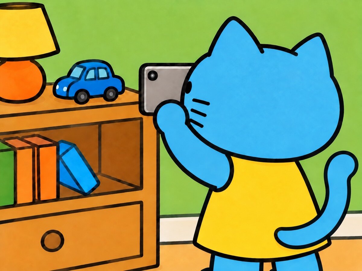 子どもが棚の上の物をスマホで撮るイラスト